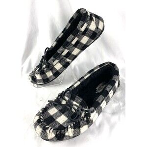 MINNETONKA Women's Slipper Moccasin 13M Fabric Black/White Plaid Hard Sole